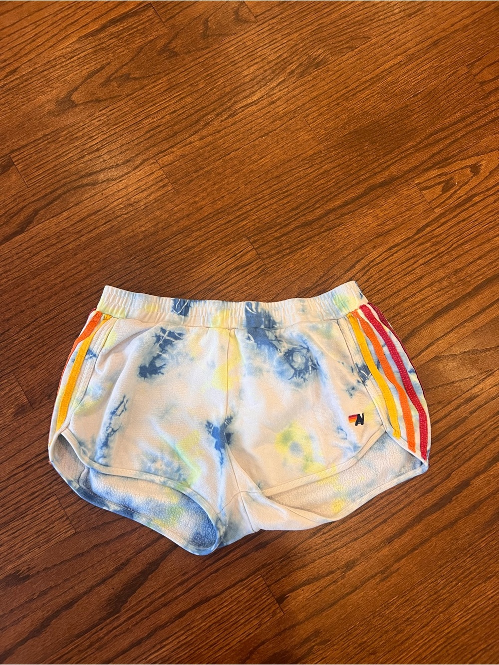 Aviator Nation Tie-Dye Stripe Women’s Athletic Shorts - White/Blue/Yellow